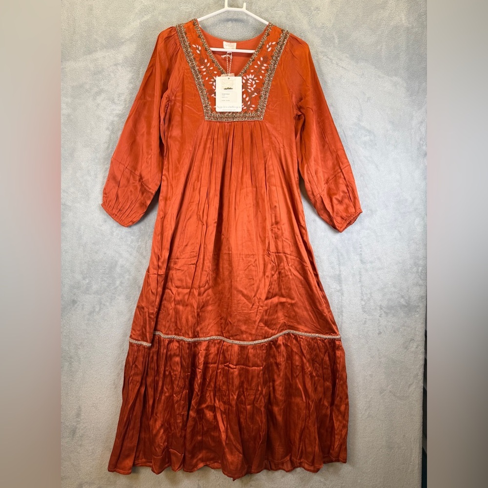 New Ex Voto Hazel Maxi Dress Chili Medium New Boho Long Sleeve Modest Beaded